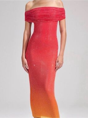 Self-Portrait One-Shoulder Ombre Red to Orange Beaded Dress 2